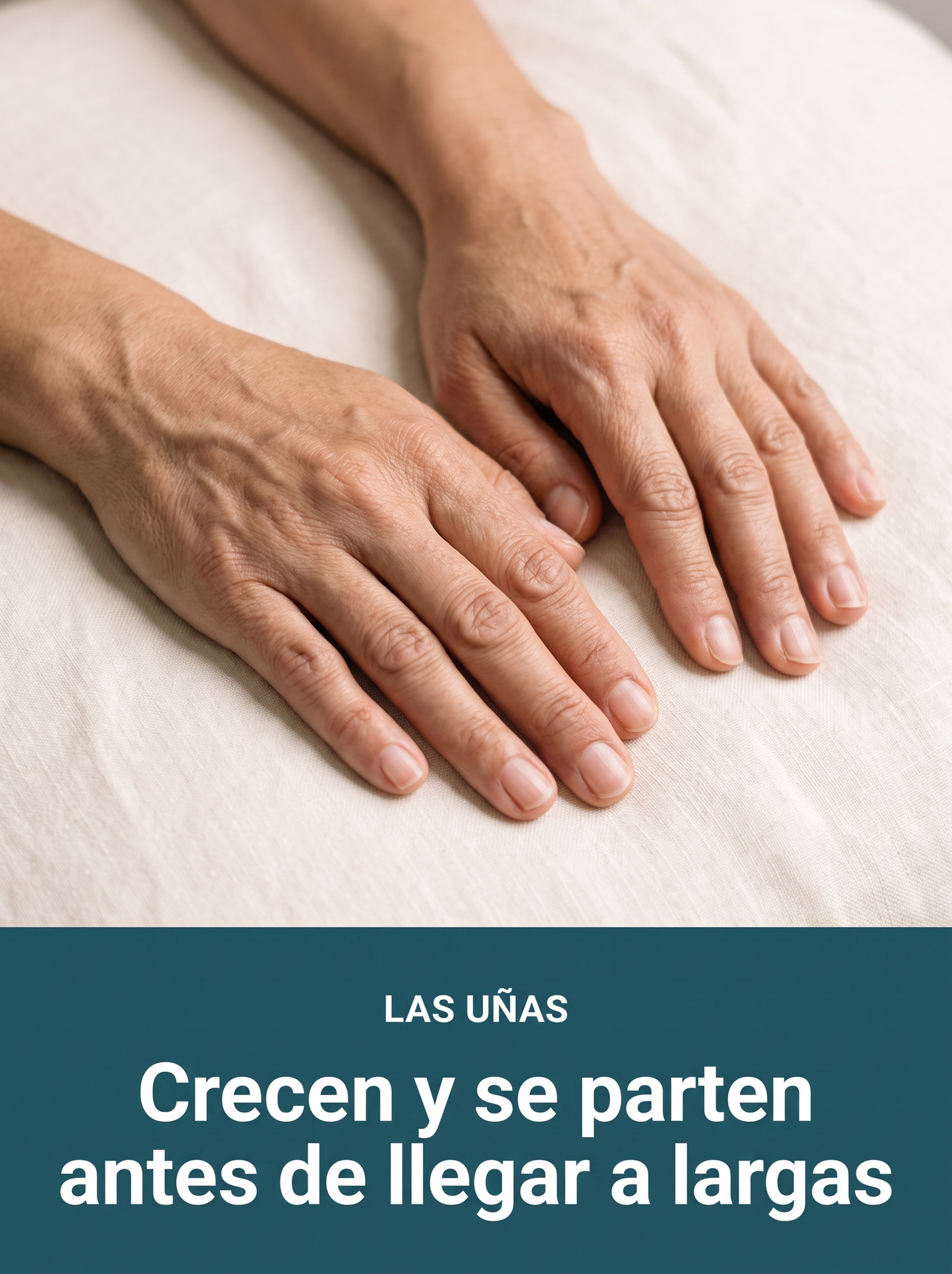 Manos con uñas cortas y naturales sobre lino crema