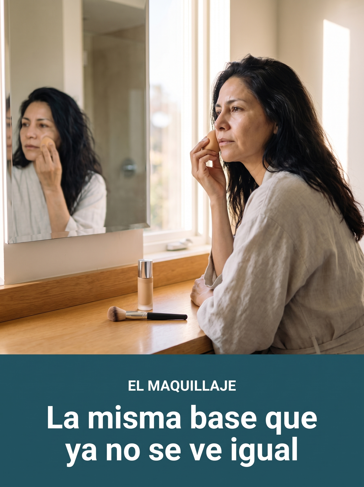 Mujer aplicándose base de maquillaje frente al tocador